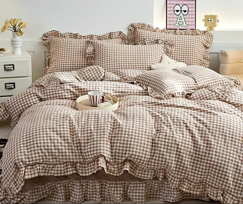 Checkered Lace Duvet Cover Set - Washed Bedroom Bedding Set product detail photo for bedroom