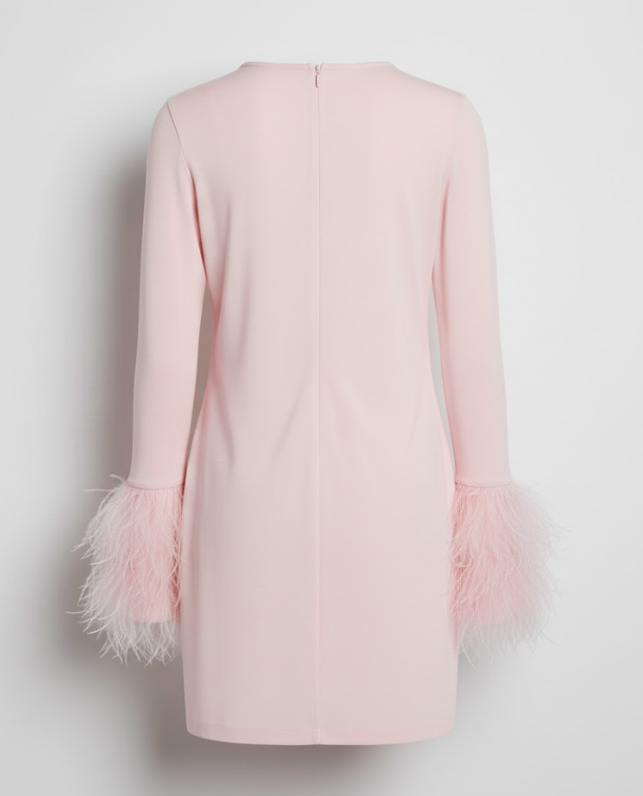 Short dress with delicate cuffs and feathers for women