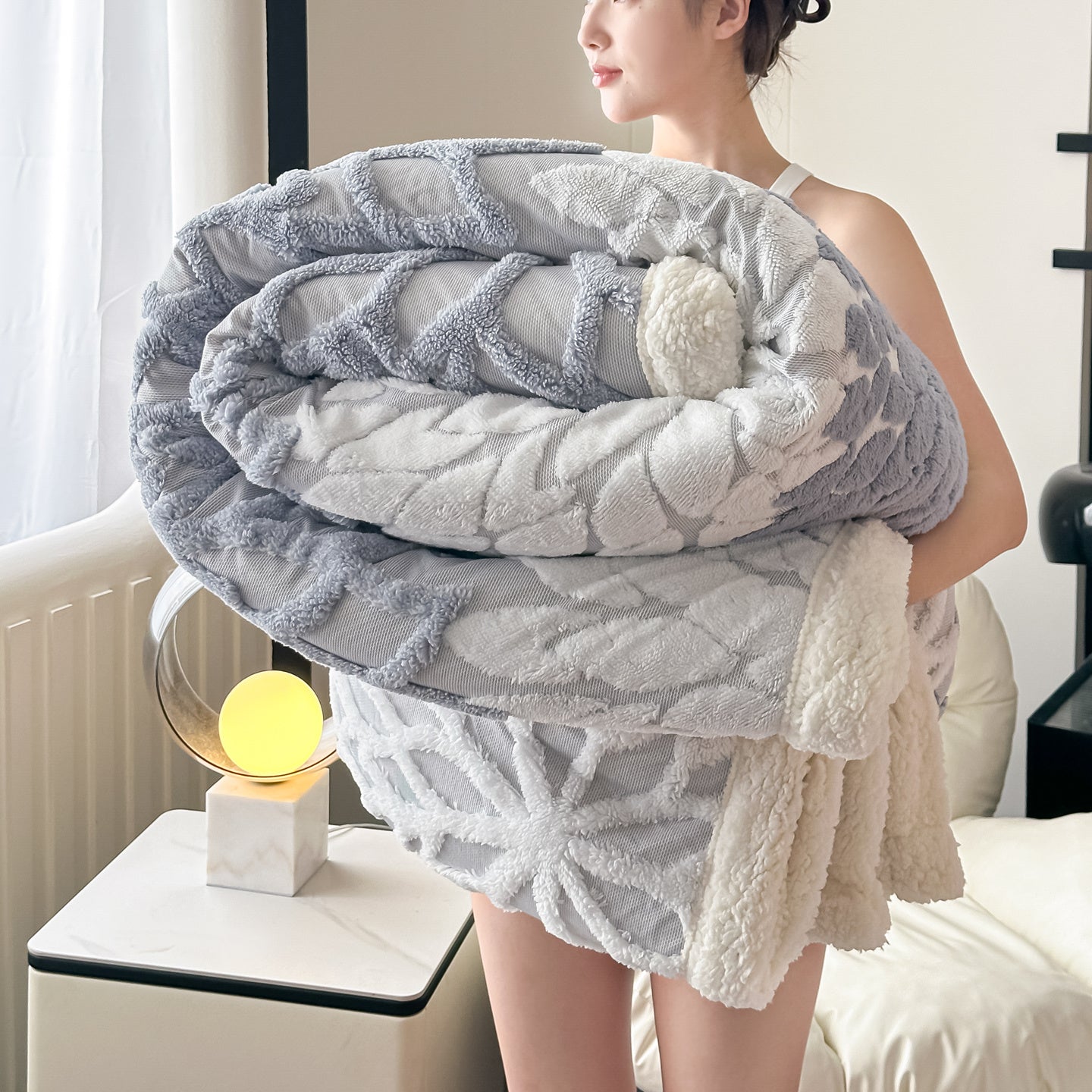 Plush Fleece Throw Blanket "Nerea" product detail photo in bedroom
