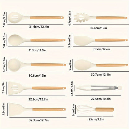 Silicone Cooking Utensil Set – Wooden Handle Kitchen Tools specification and dimensions reference for kitchen
