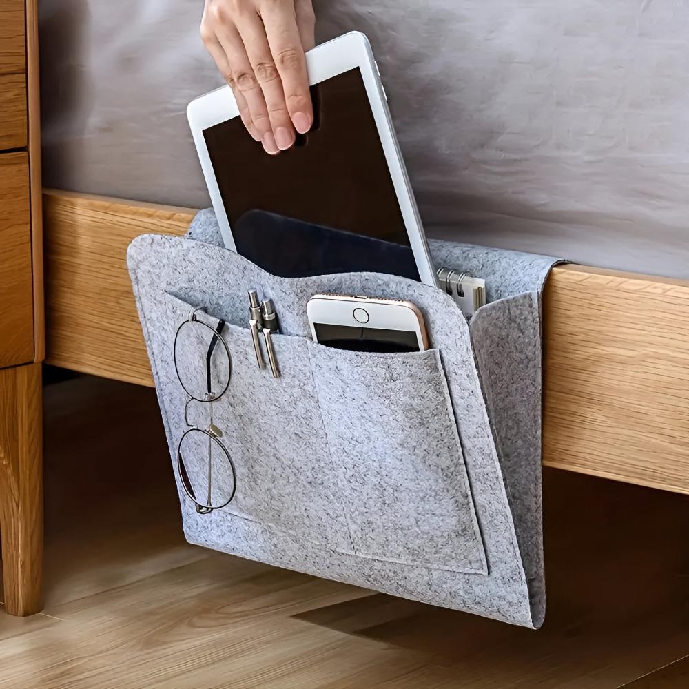 Bedside Storage Organizer – Minimal Hanging Caddy for Bed Frame lifestyle product photo for bedroom