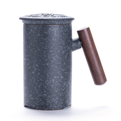 Japanese Traditional Ceramic Tea Cup With Wooden Handle, Lid And Strainer