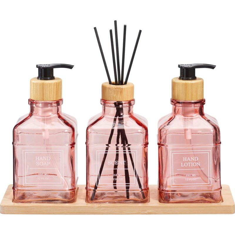Glass Bathroom Dispenser Set "Alora" room setting lifestyle photo in bathroom