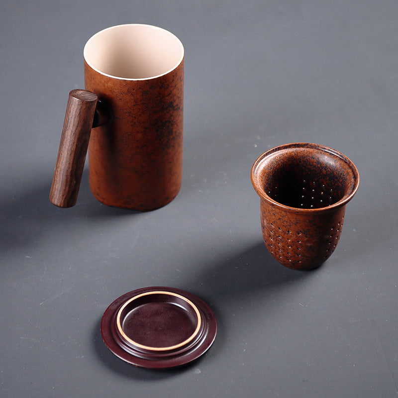 Japanese Traditional Ceramic Tea Cup With Wooden Handle, Lid And Strainer
