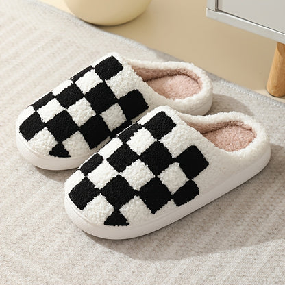 Checkered House Slippers – Indoor Slip-On Slides room setting lifestyle photo for bedroom