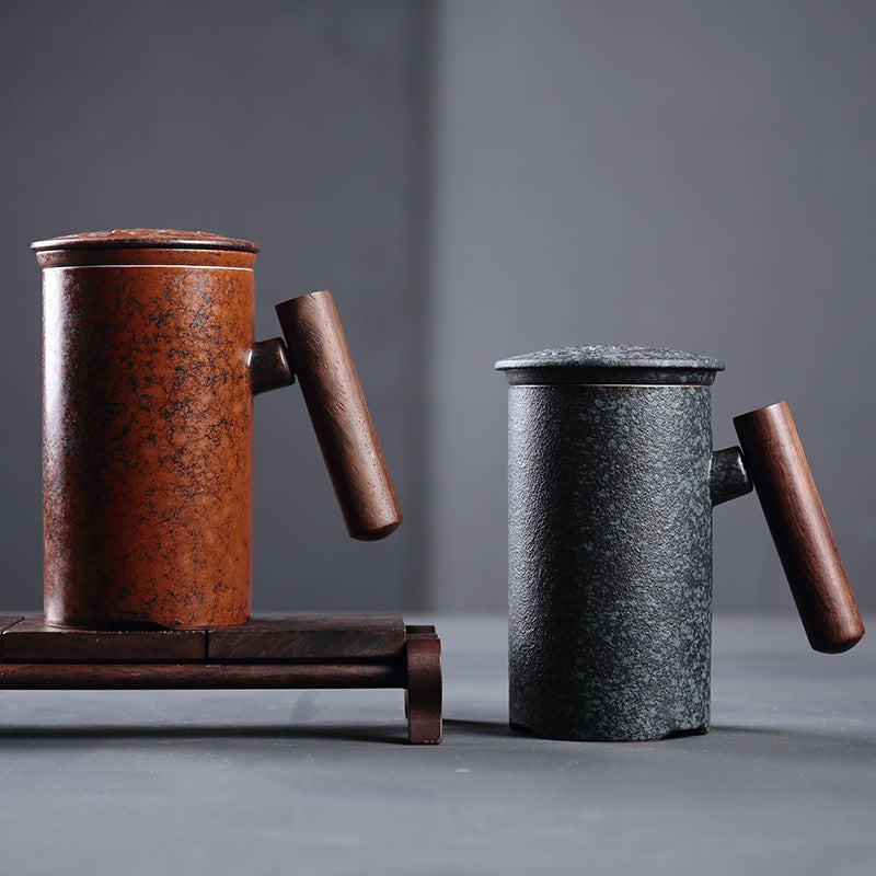 Japanese Traditional Ceramic Tea Cup With Wooden Handle, Lid And Strainer