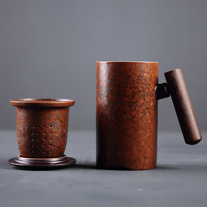 Japanese Traditional Ceramic Tea Cup With Wooden Handle, Lid And Strainer