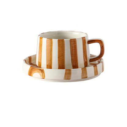 Striped Coffee Cup and Plate Set – Ceramic Mug with Dessert Plate product detail photo for kitchen