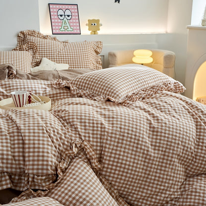Checkered Lace Duvet Cover Set - Washed Bedroom Bedding Set lifestyle product photo for bedroom