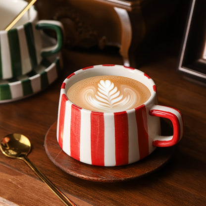 Striped Coffee Cup and Plate Set – Ceramic Mug with Dessert Plate product detail photo for kitchen