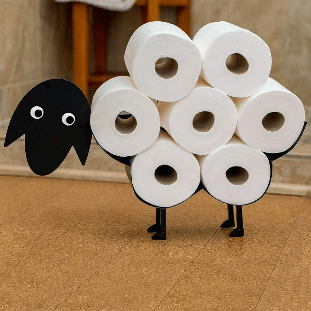 Sheep Toilet Paper Holder – Freestanding Metal Storage Stand room setting lifestyle photo for bathroom