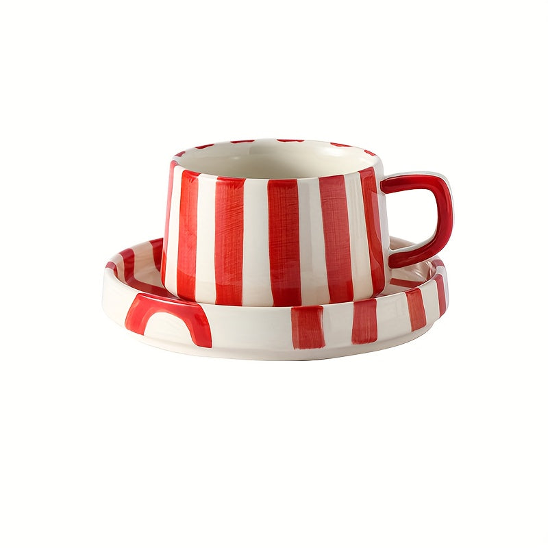 Striped Coffee Cup and Plate Set – Ceramic Mug with Dessert Plate product detail photo for kitchen