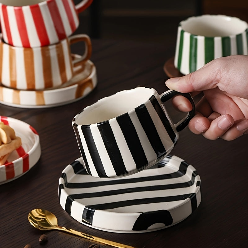Striped Coffee Cup and Plate Set – Ceramic Mug with Dessert Plate lifestyle product photo for kitchen