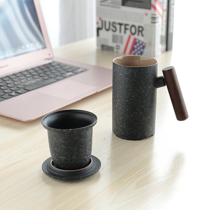 Japanese Traditional Ceramic Tea Cup With Wooden Handle, Lid And Strainer