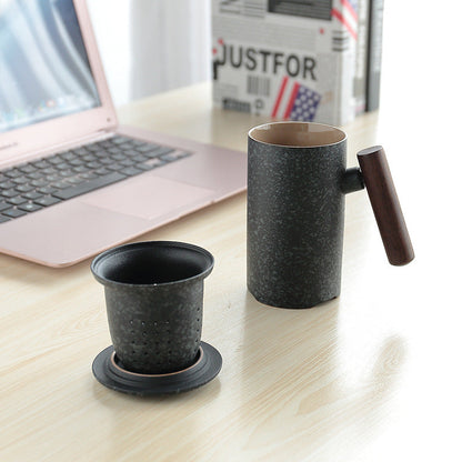 Japanese Traditional Ceramic Tea Cup With Wooden Handle, Lid And Strainer