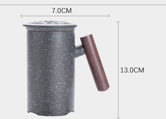 Japanese Traditional Ceramic Tea Cup With Wooden Handle, Lid And Strainer