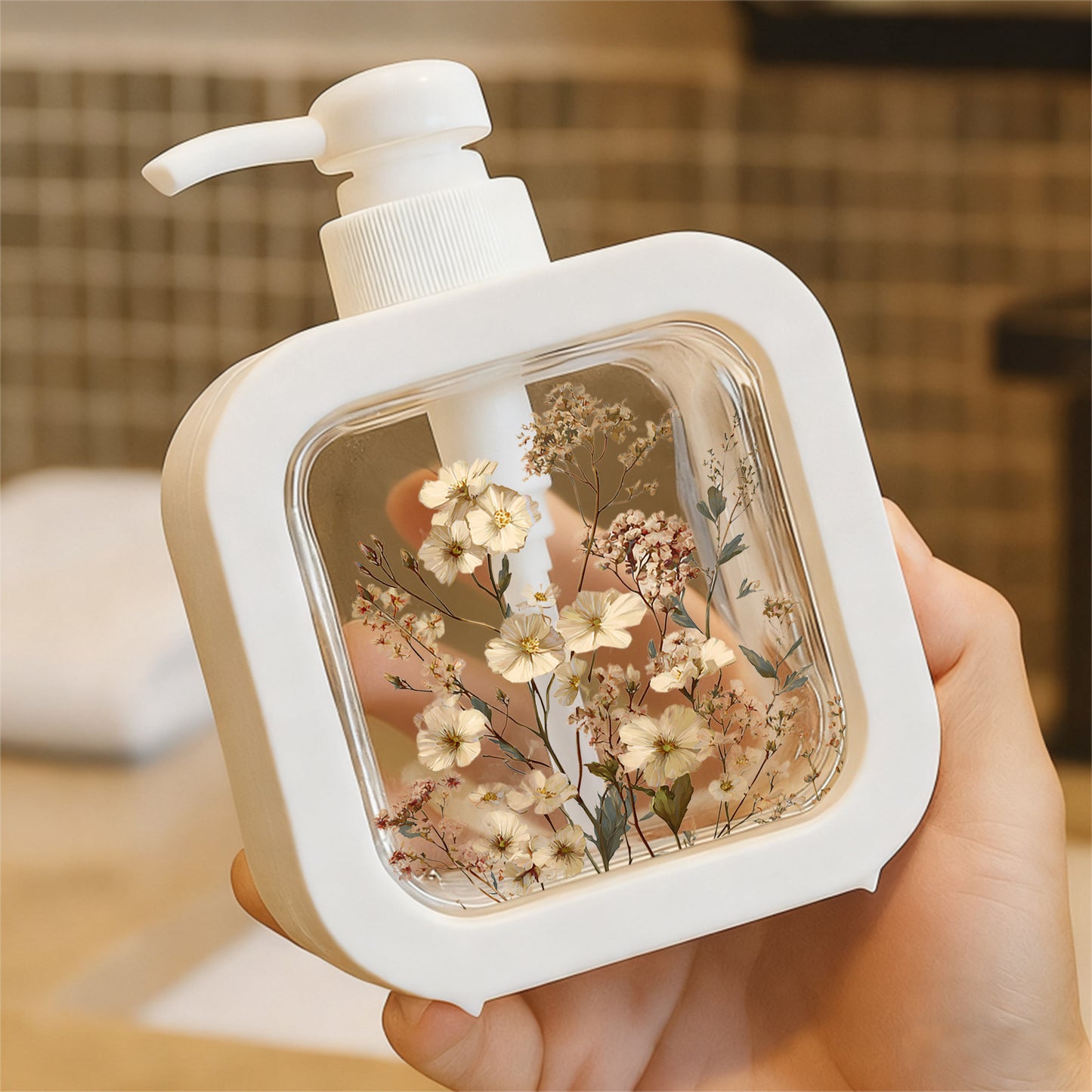 Floral Soap Dispenser – Vintage-Style Pump Bottle lifestyle product photo for living room