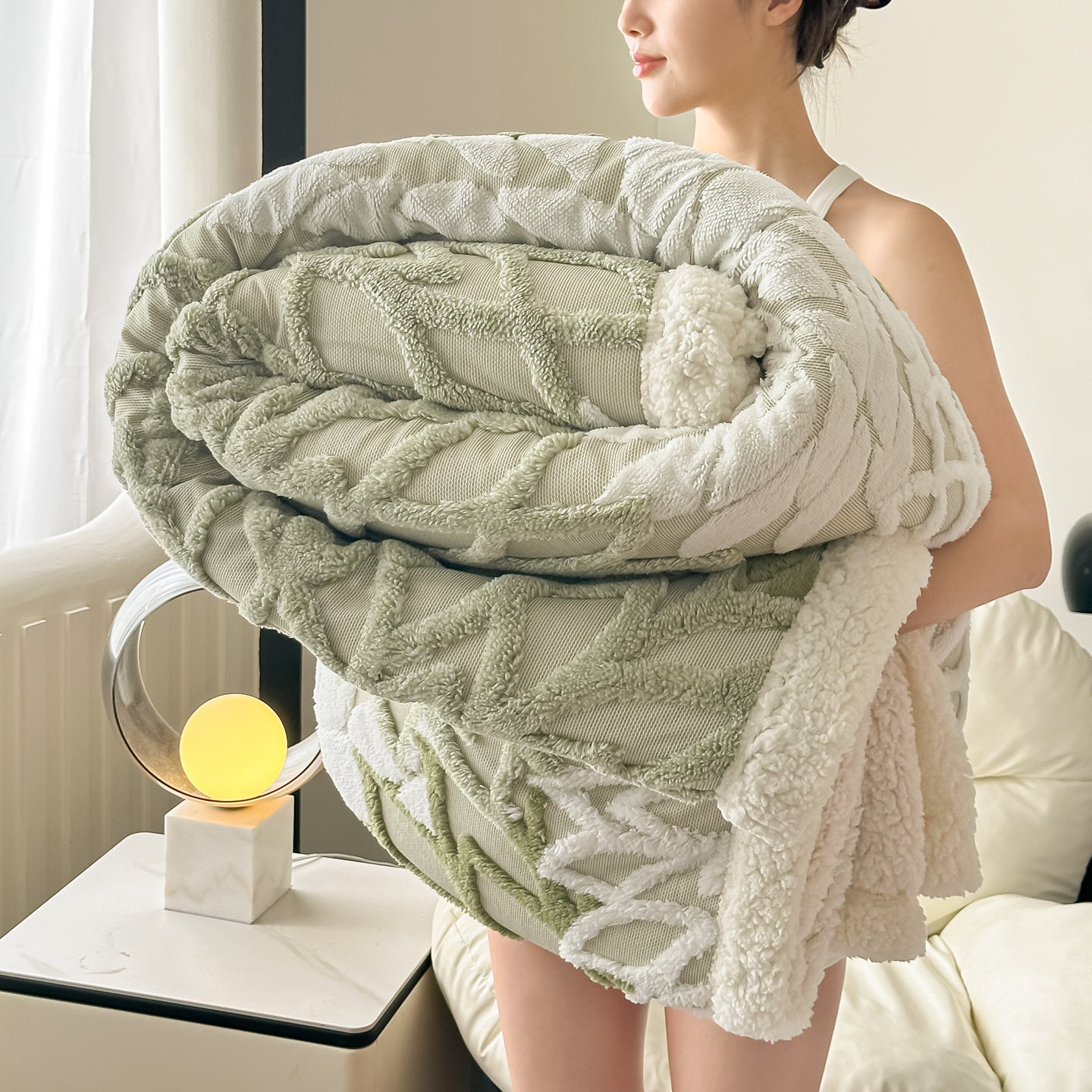 Plush Fleece Throw Blanket "Nerea" product detail photo in bedroom