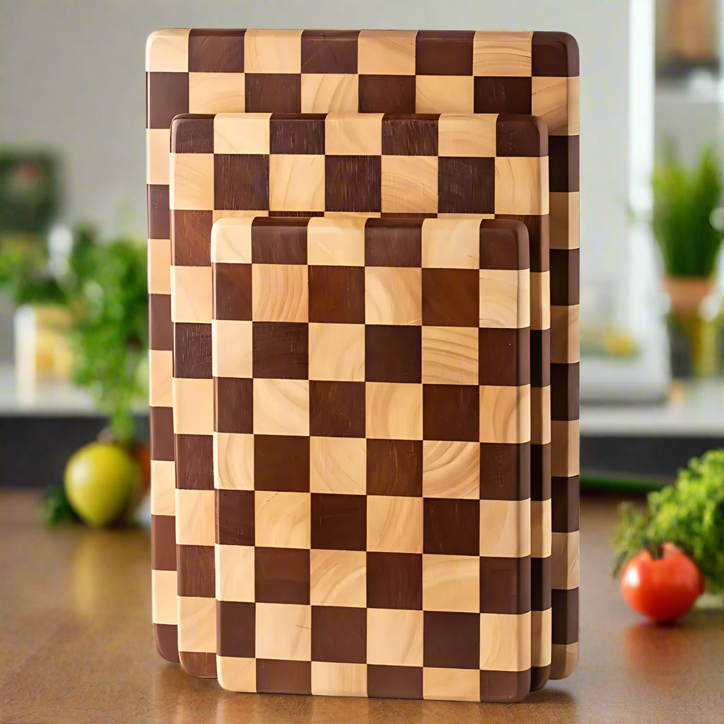 Checkered Acacia Cutting Board - Kitchen Prep and Serving Board room setting lifestyle photo for kitchen