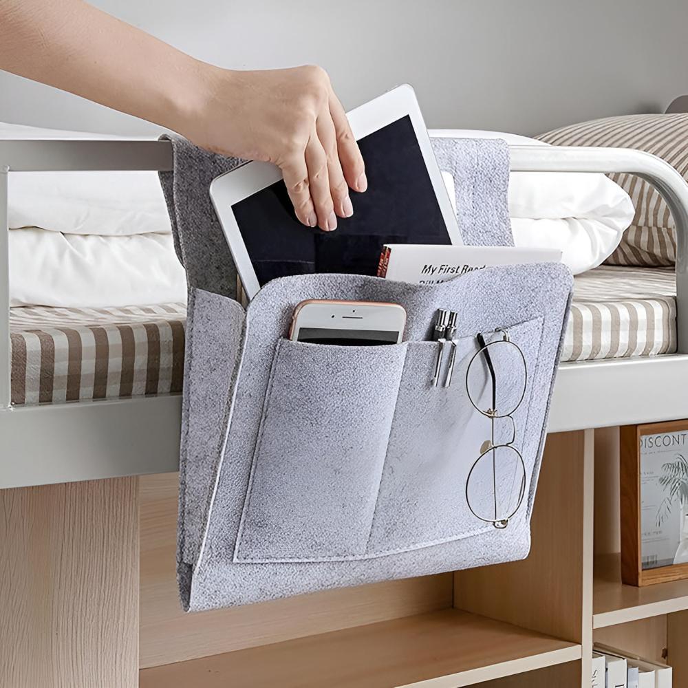 Bedside Storage Organizer – Minimal Hanging Caddy for Bed Frame room setting lifestyle photo for bedroom