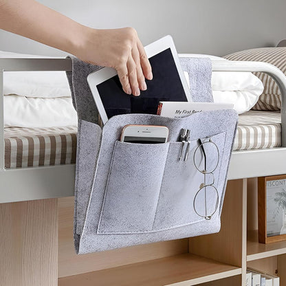 Bedside Storage Organizer – Minimal Hanging Caddy for Bed Frame room setting lifestyle photo for bedroom