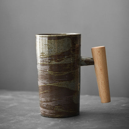 Ceramic Mug Shizuku Japanese Inspired Stoneware With Wooden Handle