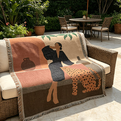 Leopard Art Throw Blanket "Romy" specification and dimensions reference in bedroom