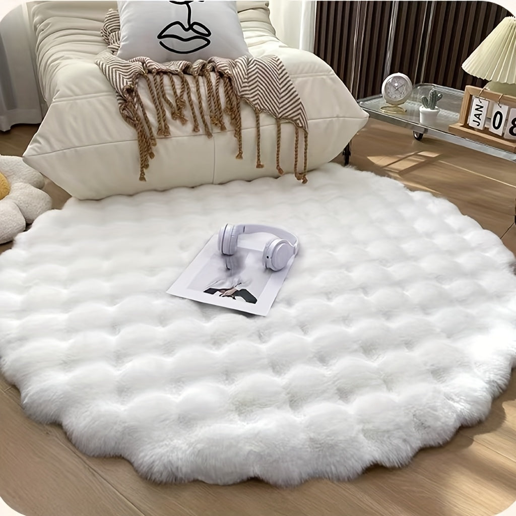 Cream Plush Area Rug "Roselle" product detail photo in bedroom