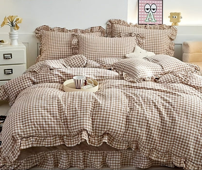 Checkered Lace Duvet Cover Set - Washed Bedroom Bedding Set product detail photo for bedroom