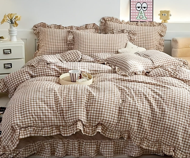 Checkered Lace Duvet Cover Set - Washed Bedroom Bedding Set product detail photo for bedroom