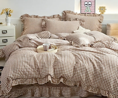 Checkered Lace Duvet Cover Set - Washed Bedroom Bedding Set product detail photo for bedroom