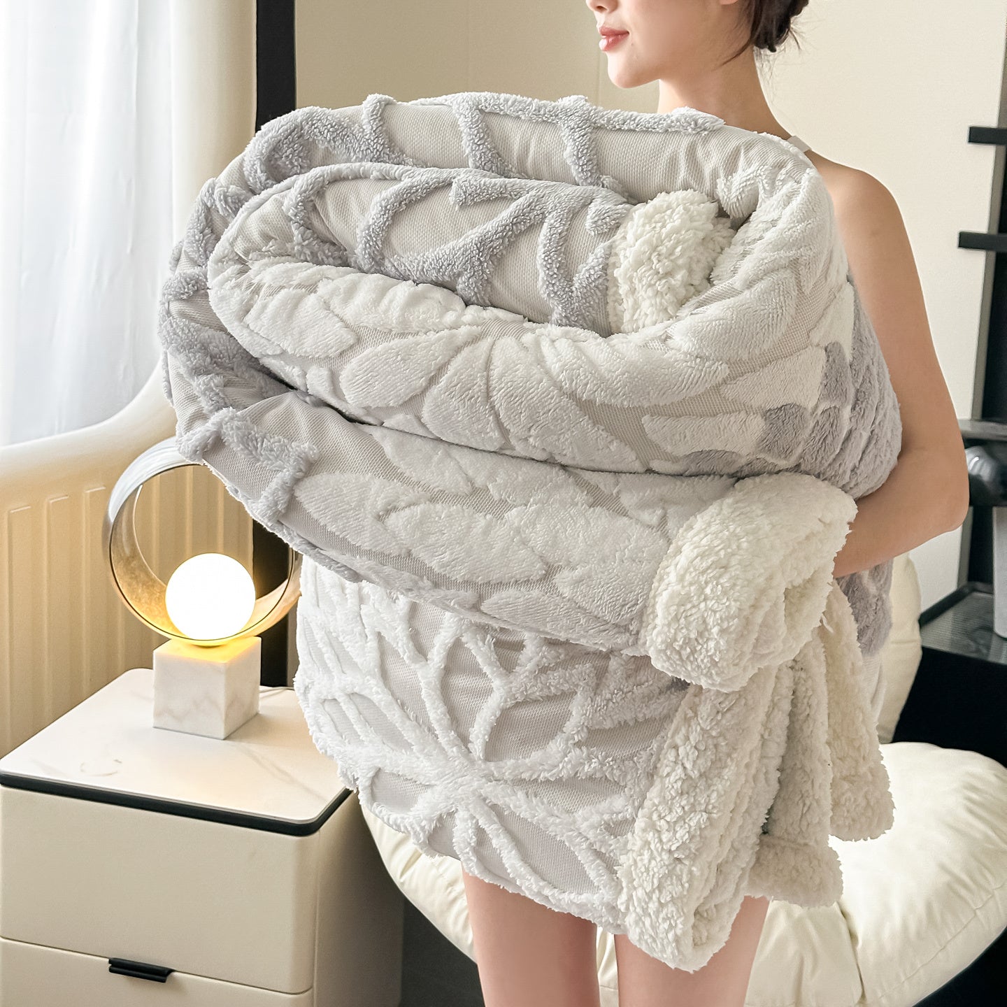 Plush Fleece Throw Blanket "Nerea" product detail photo in bedroom