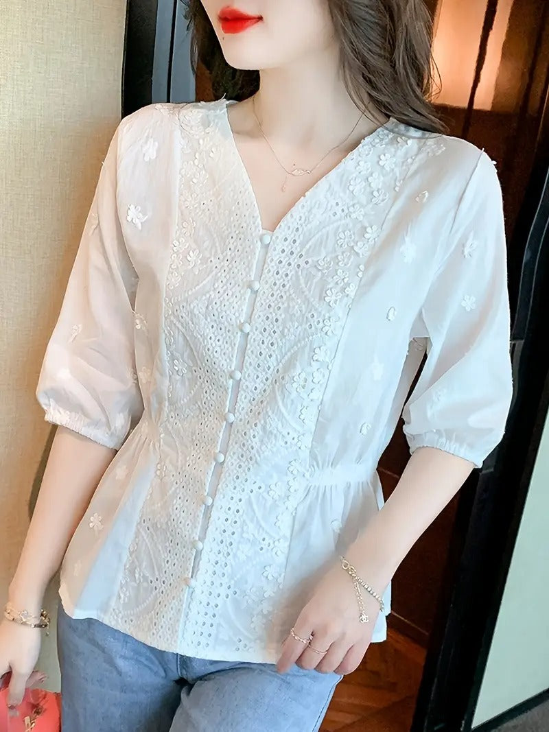 Chemise ample tendance avec broderie ajourée pour femmes