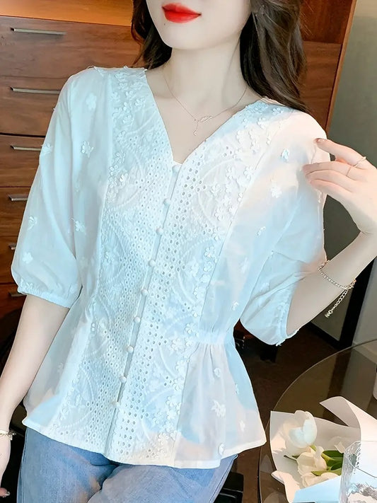 Chemise ample tendance avec broderie ajourée pour femmes