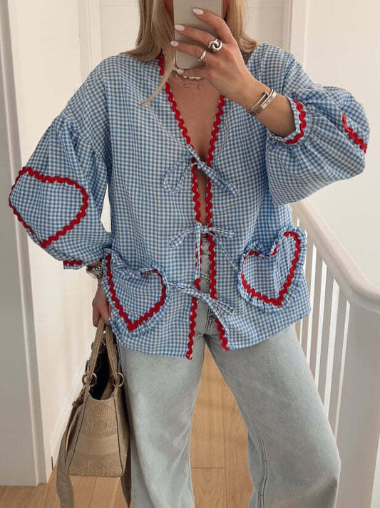 Chemise carreaux avec ruban et lacets pour femmes
