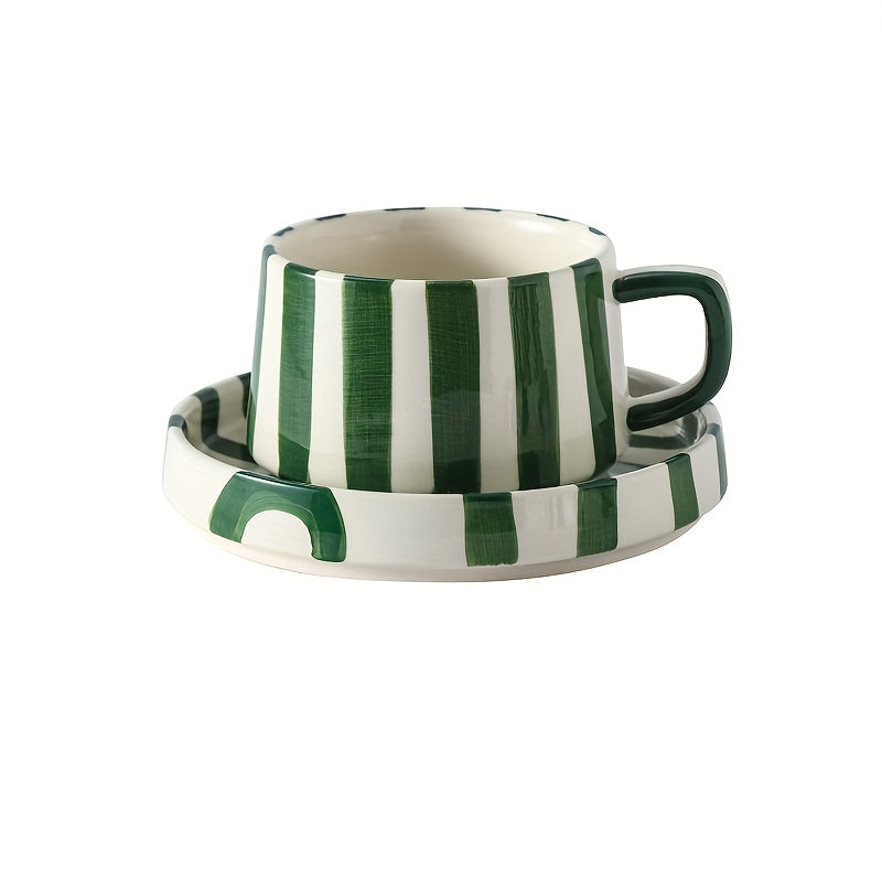 Striped Coffee Cup and Plate Set – Ceramic Mug with Dessert Plate product detail photo for kitchen