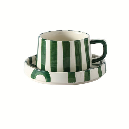 Striped Coffee Cup and Plate Set – Ceramic Mug with Dessert Plate product detail photo for kitchen