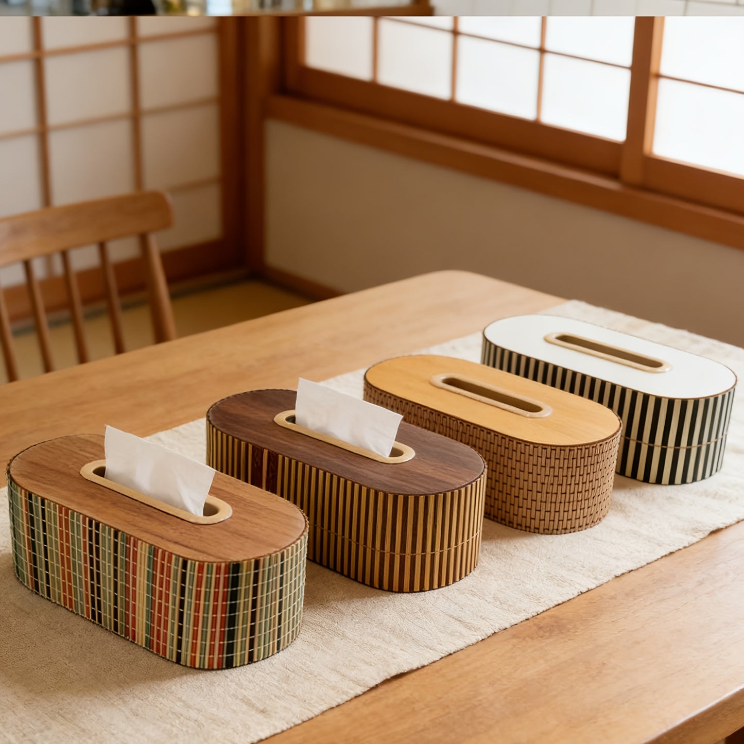 Bamboo Tissue Box Holder – Round Woven Tabletop Cover
