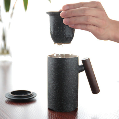 Japanese Traditional Ceramic Tea Cup With Wooden Handle, Lid And Strainer