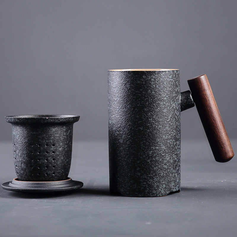 Japanese Traditional Ceramic Tea Cup With Wooden Handle, Lid And Strainer