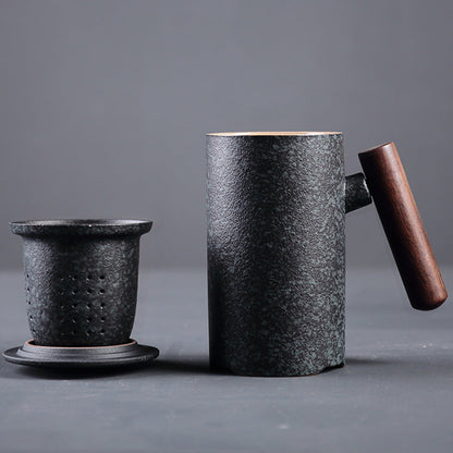 Japanese Traditional Ceramic Tea Cup With Wooden Handle, Lid And Strainer