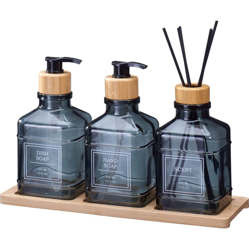 Glass Bathroom Dispenser Set "Alora" specification and dimensions reference in bathroom