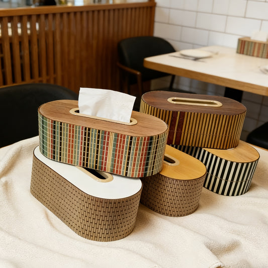Bamboo Tissue Box Holder – Round Woven Tabletop Cover