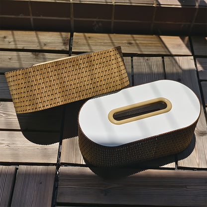 Bamboo Tissue Box Holder – Round Woven Tabletop Cover