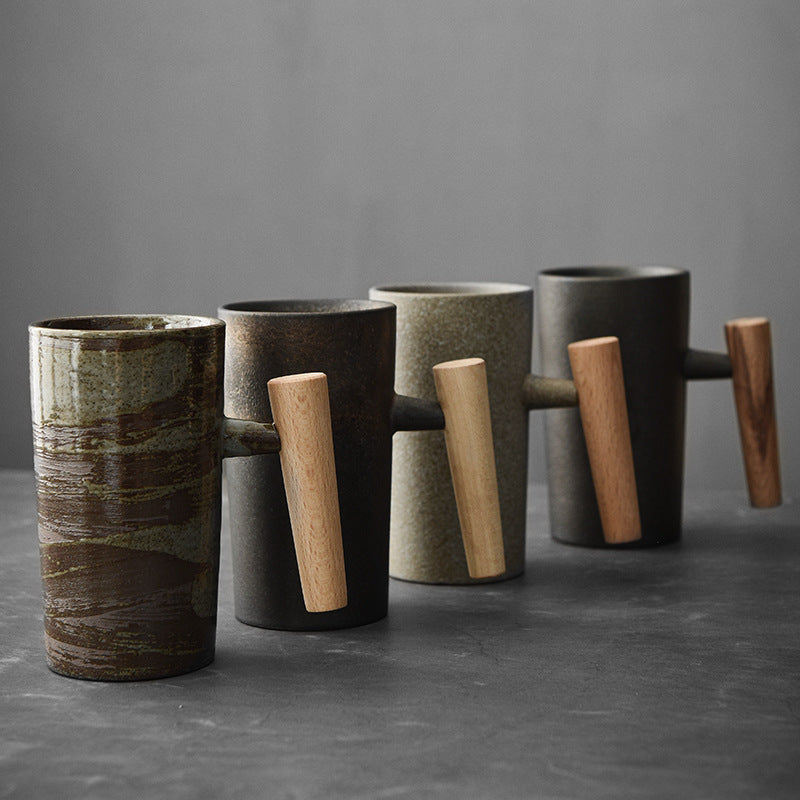 Ceramic Mug Shizuku Japanese Inspired Stoneware With Wooden Handle