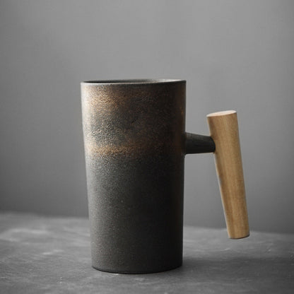 Ceramic Mug Shizuku Japanese Inspired Stoneware With Wooden Handle