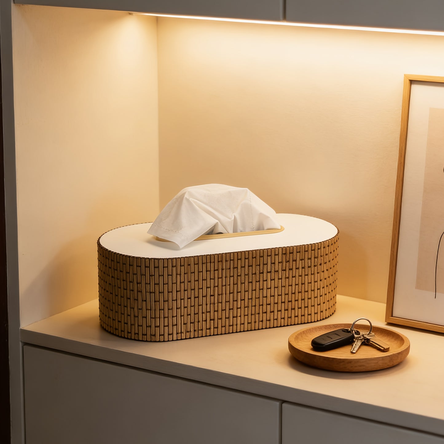 Bamboo Tissue Box Holder – Round Woven Tabletop Cover