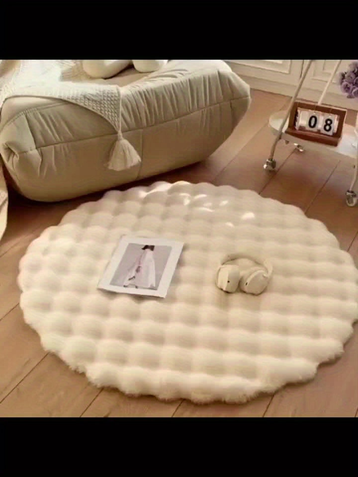 Cream Plush Area Rug "Roselle" product detail photo in bedroom