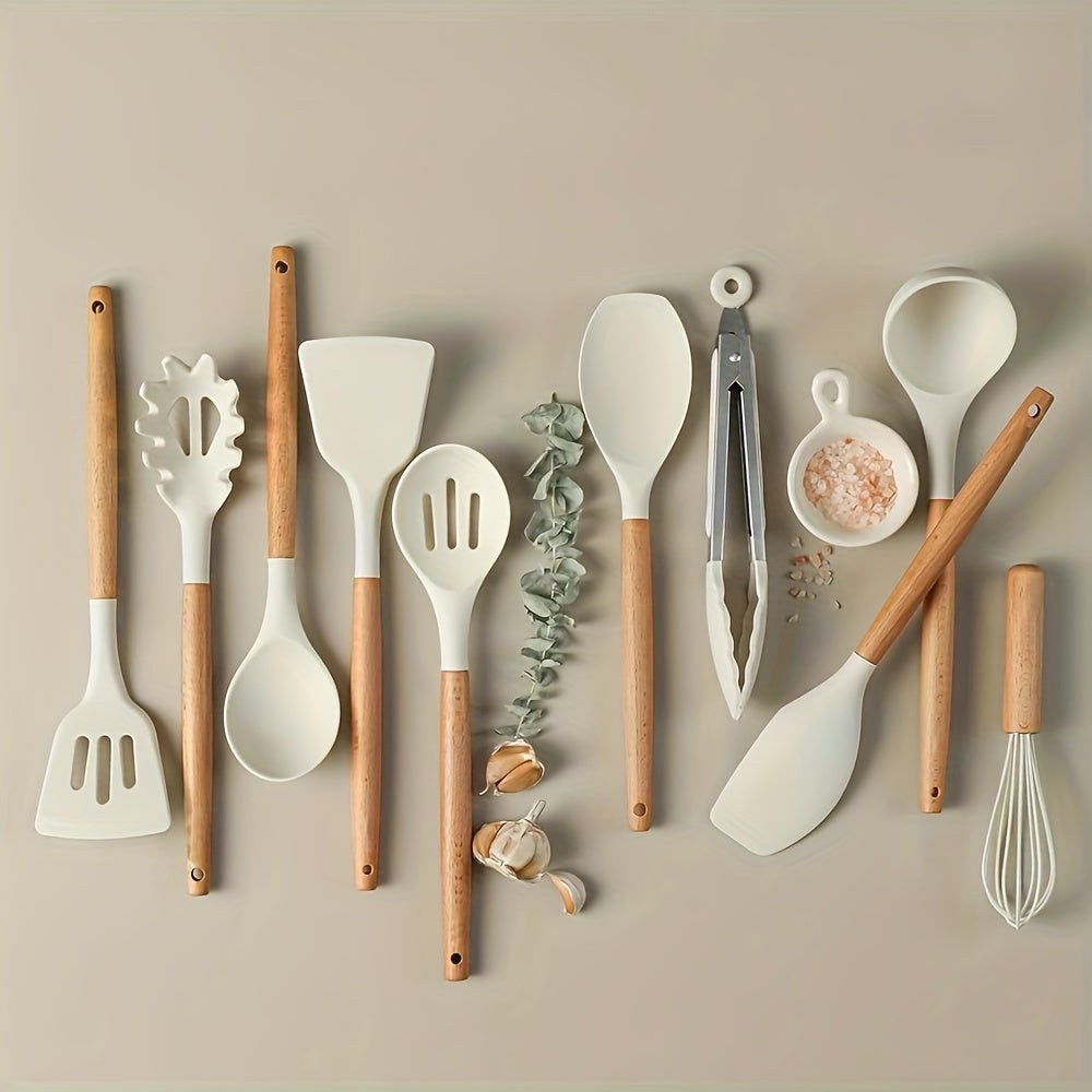 Silicone Cooking Utensil Set – Wooden Handle Kitchen Tools lifestyle product photo for kitchen