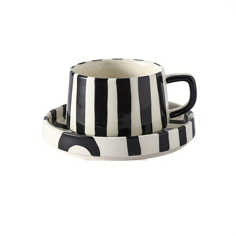 Striped Coffee Cup and Plate Set – Ceramic Mug with Dessert Plate product detail photo for kitchen